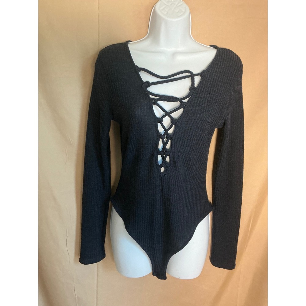Cherry Mellow Bodysuit Womens Large Gray Excellent Lace Up Ribbed Knit T 1559